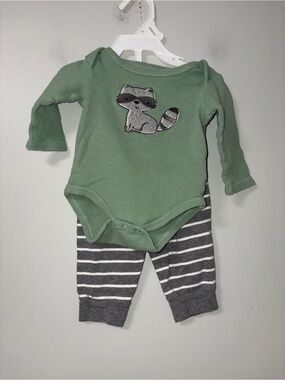 Duck Duck Goose Green Raccoon Body Suit Carters Gray Striped Pants 3-6M